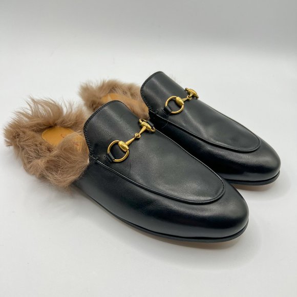 Gucci Shoes - Gucci Princetown Fur-Lined Black Leather Slipper with Goldtone Horsebit